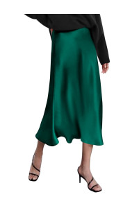 Zeagoo Women Silk Skirt High Waist Solid Skirts Fall Midi Skirt Party Green