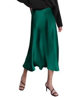 Zeagoo Women Silk Skirt High Waist Solid Skirts Fall Midi Skirt Party Green