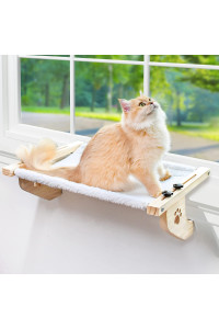 Amosijoy Cat Sill Window Perch Sturdy Cat Hammock Window Seat With Wood & Metal Frame For Large Cats, Easy To Adjust Cat Bed For Windowsill, Bedside, Drawer And Cabinet (L-White Plush)