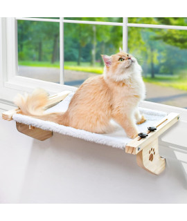 Amosijoy Cat Sill Window Perch Sturdy Cat Hammock Window Seat With Wood & Metal Frame For Large Cats, Easy To Adjust Cat Bed For Windowsill, Bedside, Drawer And Cabinet (L-White Plush)