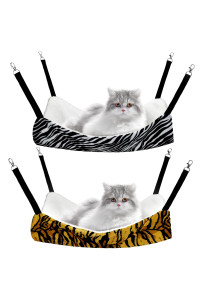 2 Pieces Reversible Cat Hanging Hammock Soft Breathable Pet Cage Hammock With Adjustable Straps And Metal Hooks Double-Sided Hanging Bed For Cats Small Dogs Rabbits (Zebra, Tiger Stripes, M)
