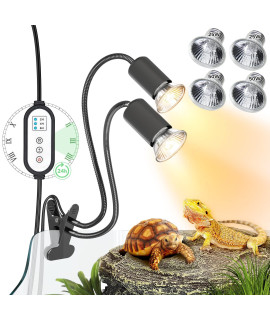 Reptile Heat Lamp, Dual-Head Uvab Reptile Light With Cycle Timer, Basking Light For Reptile Turtle Bearded Dragon Lizards Snake, E2627 Base With 4 Bulbs (2Pcs 25W And 2Pcs 50W)