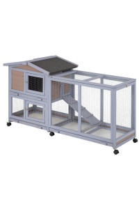 Wood Rabbit Hutch Rabbit Cage Bunny Hutch Rolling Large Bunny Cage Indoor Outdoor Two Story Guinea Pig Hutch Rabbit House with Wheels&Waterproof Roof,Grey