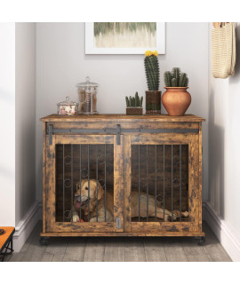 Lyromix Dog Crate Furniture with Divider for 2 Small to Medium Pets, Wooden Cage End Table, Heavy Duty Indoor Puppy Kennel with Removable Divider and Sliding Door, Rustic Brown, 39.37'W*25.2'D*28.94'H