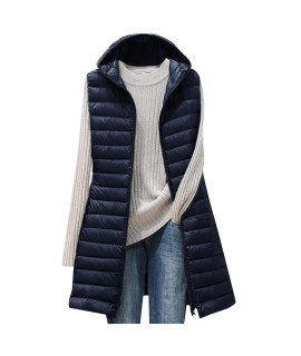 Puffer Jacket Womens Winter Long Sleeveless Quilted Vest Coat Casual Zip Up Outdoor Warm Jacket Open Front Hoodie Tops Plus Size Lightweight Outerwear Fashion Fall Clothes(A Navy,X-Large)