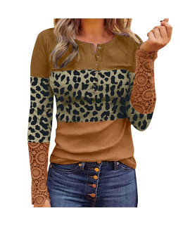 Women Long Sleeve Henley Tops Casual Button Up Tunic Blouse Ribbed Slim Fit De Mujer Elegantes Dressy Casual Print Color Block Shirts Casual Tops For Women Brown M Leopard Sexy Warm