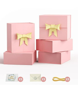 Pink Gift Box With Lid, 9X7X4 Gift Boxes For Presents With Ribbon And Greeting Card Magnetic Closure, Bridesmaid Proposal Box For Wedding,Birthday,Anniversary,Christmas Gift Luxury Wrap (5 Pack)