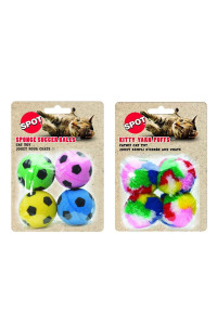 SPOT Cat Toys By Ethical Products - Catnip Fluffy Pom Pom Balls & Bright Colored Sponge Foam Soccer Balls Bundle - 2 Pack Anti Anxiety, Stress Relief, Cat Exercise Ball - Quiet Interactive Kitten Toys