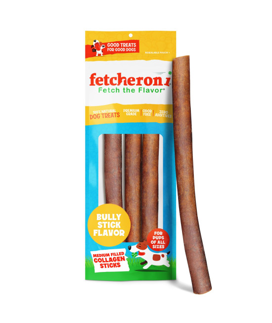 FETCHERONI Collagen Sticks for Dogs - Bully Sticks and Rawhide Alternative Treats, Long Lasting Dog Chews 6-inch Natural Filled Collagen for Dogs - 3-Pcs Dog Dental Treats W/Bully Sticks Filling