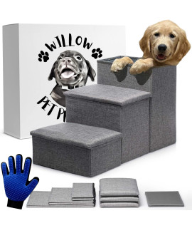 Dog Stairs for High Beds or Couch- Foldable Dog Steps W/ Storage- Pet Steps for Small Dogs, Medium Dogs, Puppy Stairs- Use as a Dog Window Perch or Cat Stairs for Old Cats- Dog Grooming Glove Included