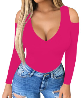 Herlollychips Womens Long Sleeve Tops Deep V Neck Cold Shoulder Tight Fitted Sexy Casual Fall Winter Tee T-Shirts A(Brightneonhot Pink, Xx-Large)