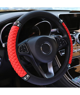 Dbyume Soft Leather Car Steering Wheel Cover With Sparkly Crystal Diamond, Universal 15 Inch Colorful Rhinestones Elastic Steering Wheel Covers For Women (Red)