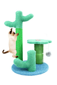 Tneltueb Small Cat Scratching Post, Sisal Cactus Cat Scratcher With 3 Different Height Poles, Soft Hanging Ball And Grooming Massager Brush For Cats Indoor Climbing Playing, Gift For Cats