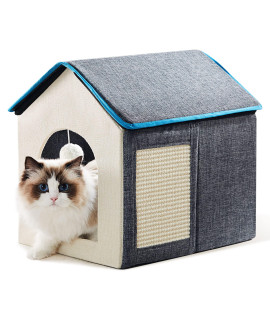 WESTERN HOME Cat House with Scratch Pad for Winter, Collapsible Warm Cat House for Outdoor/Indoor Cats with Fluffy Ball Hanging, Feral Cat Shelter with Removable Soft Mat, Easy to Assemble Cat Shelter