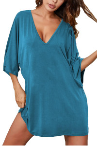 Ekouaer Sexy V Neck Nightgown Short Sleeve Sleepshirts Loose Pajama Dress Blue And Green 3Xl