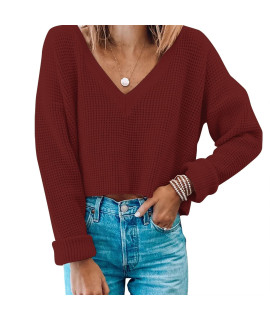 Womens V Neck Waffle Knit Cropped Top Long Sleeve Pullover Crop Sweater Rust Red Xs