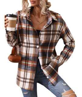 Soly Hux Womens Plaid Flannel Shacket Jacket Long Sleeve Button Down Casual Fall Coats Shirt Coffee Brown Plaid M