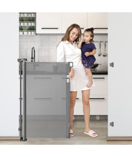 42-Inch Extra Tall Retractable Baby Gates For Doorways 56 Wide Baby Gate Tall Retractable Dog Gate Indoor Outdoor Extra Tall Pet Gate Adjustable Tall Dog Gate For Stairs Dog Gates For The House, Grey