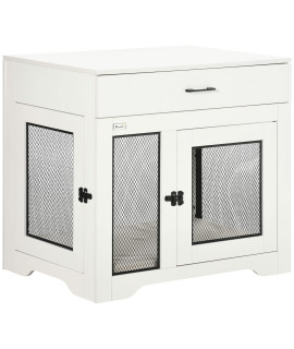 PawHut Dog Crate Furniture with Soft Water-Resistant Cushion, Dog Crate End Table with Drawer, Puppy Crate for Small Dogs Indoor with 2 Doors, White