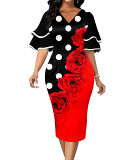 Church Dresses For Womens Elegant Short Ruffles Sleeve V Neck Polka Dot Floral Print Midi Pencil Dress