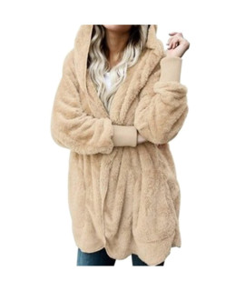 Womens Hooded Jackets Zip Up Warm Sherpa Jacket Long Sleeve Loose Fuzzy Fleece Outwear Coat With Pockets Beige Xx-Large