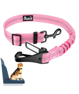Slowton Dog Seat Belt, Adjustable Dog Safety Belt Leash, 2 In 1 Latch Bar Attachment Dog Car Seatbelt With Elastic Nylon Bungee Buffer, Reflective Nylon Belt Tether Connect To Dog Harness(Pink,355In)