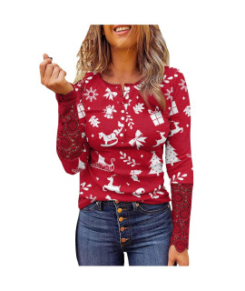 Qwkleaj Ugly Christmas Sweater Womens Long Sleeve Henley Top Button Up Vintage Print Tunic Blouse Ribbed Knit Fit Slim Blusas De Mujer Elegantes Dressy Casual Shirts Pullover Winter Fall Spring Red L