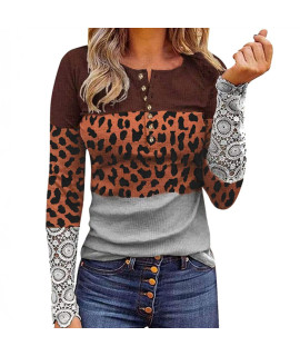 Qwkleaj Leopard Print Tops Long Sleeve Henley Casual Button Up Tunic Blouse Ribbed Fit Slim Blusas De Mujer Elegantes Dressy Color Block Shirts Sweaters Pullover Winter Fall Spring Gray L