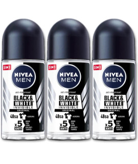 Nivea 48H Deodorant Roll-On Roll On Invisible For Black&White Anti Perspirant 50Ml (Original Pack Of 3) 17 Fl Oz