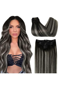 Slinsmei Balayage Clip In Hair Extensions Off Black Fading To Grey Sliver 14Inch Clip In Hair Extensions Remy Human Hair Straight Invisible Clip In Extensions 7Pcs 120G