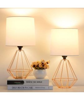 Ggoying Set Of 2 Table Lamp, Bedside Lamp With Simple Rose Gold Metal Base, Fabric Shade For Nightstand Bedroom Living Room Office Working Reading (Bulb Not Included)