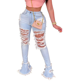Ripped Flare Jeans For Women Mid Rise Button Bell Bottom Jeans Denim Pants