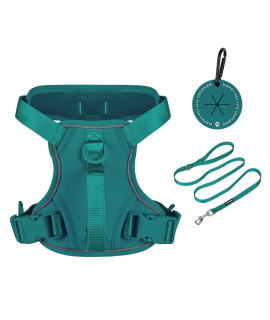 Petmolico Dog Harness For Medium Dogs No Pull, Cute Dog Harness With Two Leash Clips And Soft Handle, Reflective Easy Walk Dog Harness With Leash, Dark Green Medium