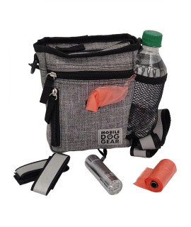 Mobile Dog Gear, Dog Travel Bag, Day or Night Reflective Dog Walking Bag, Includes Reflective Wrist Straps, Pocket Size Flashlight, and Roll of Dog Waste Bags, Heathered Gray