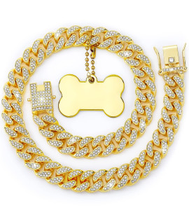 16 Inch Dog Chain Collar Gold Diamond Cuban Link Dog Collar Walking Metal Glitter Dog Collar With Design Secure Buckle Puppy Pet Chains Necklace Christmas Pet Collars For Small Medium Large Dogs Cats