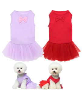 Bingpet Dog Dress For Small Dogs Girl 2 Pack - Soft Puppy Tutu Skirt With Cute Bow Breathable Dog Outfit Doggie Clothes For Holiday Birthday Winter Daily Wearing Cat Pet Princess Shirt Red, Purple