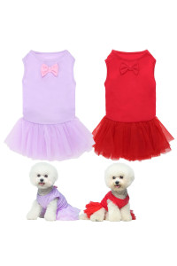Bingpet Dog Dress For Small Dogs Girl 2 Pack - Soft Puppy Tutu Skirt With Cute Bow Breathable Dog Outfit Doggie Clothes For Holiday Birthday Winter Daily Wearing Cat Pet Princess Shirt Red, Purple