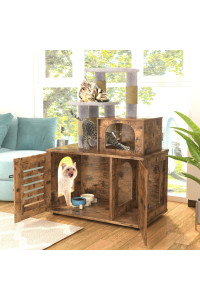 Lamerge Cat Litter Box Enclosure,Hidden Kitty Washroom,Multifuctional Enlarged Cat Litter Cabinet Cat House with Cat Tree Tower Scratching Post,Removable Divider,Rustic Brown