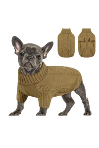 Queenmore Small Dog Pullover Sweater, Cold Weather Cable Knitwear, Classic Turtleneck Thick Warm Clothes For Chihuahua, Bulldog, Dachshund, Pug (Light Brown, X-Large)