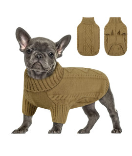 Queenmore Small Dog Pullover Sweater, Cold Weather Cable Knitwear, Classic Turtleneck Thick Warm Clothes For Chihuahua, Bulldog, Dachshund, Pug (Light Brown, X-Large)
