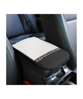 Bling Leather Car Center Console Cover, Car Center Console Protector With Glossy Crystal Rhinestone, Universal Waterproof Car Armrest Seat Box Cover For Most Car, Vehicles, Suvs, Trucks (White)