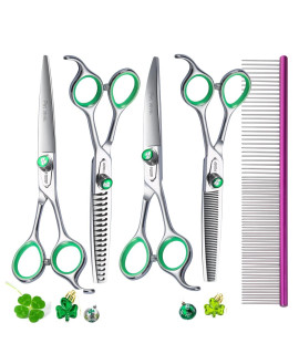 Fogosp Professional Dog Grooming Scissors Kit Japan 440C Stainless Steel 70 In Curved Thinning Straight Chunker Shears And Comb 5Pcs Set For Grooming Dogs Cat Pet