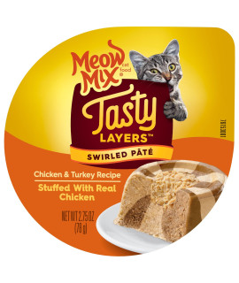 Meow Mix Tasty Layers Swirled Pata Cat Food, Chicken & Turkey Recipe In Sauce Stuffed With Real Chicken, 275 Oz Cup, 12Ct