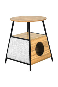PANTAZO Wooden Cat House 2-Tier Side Table & Nightstand , Cat Litter Box Hidden Furniture with Scratching Post 18.9''x 18.9''x 23.6''