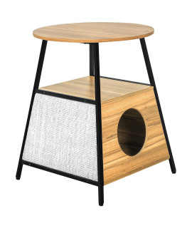 PANTAZO Wooden Cat House 2-Tier Side Table & Nightstand , Cat Litter Box Hidden Furniture with Scratching Post 18.9''x 18.9''x 23.6''