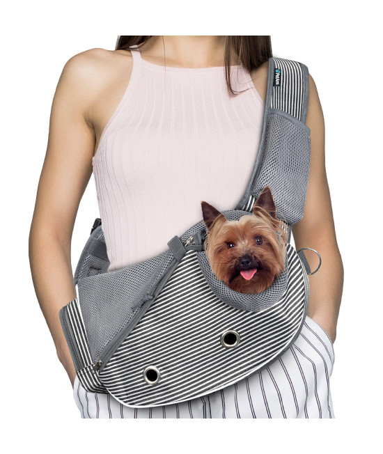 PetAmi Dog Sling Carrier for Small Dogs, Puppy Carrier Sling Purse, Pouch Carrying Bag to Wear Medium Cat, Adjustable Crossbody Pet Sling Travel Breathable, Poop Bag Dispenser, Max 10 lb, Stripe Black
