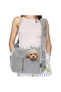 PetAmi Small Dog Sling Carrier, Soft-Sided Crossbody Puppy Carrying Purse Bag, Adjustable Sling Pet Pouch to Wear Medium Dog Cat Travel, Breathable Mesh, Poop Bag Dispenser, Sherpa Bed, Stripe Black