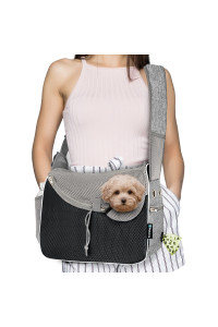PetAmi Small Dog Sling Carrier, Soft-Sided Crossbody Puppy Carrying Purse Bag, Adjustable Sling Pet Pouch to Wear Medium Dog Cat for Travel, Breathable Mesh, Poop Bag Dispenser, Sherpa Bed, Gray