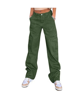 Qyangg High Waist Cargo Pants Women Stretch Baggy Cargo Pants Women Multiple Pockets Relaxed Fit Straight Wide Leg Y2K Pants Green