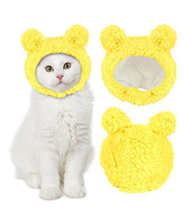 Joicee Cute Cat Costume Warm Bear Hat For Cat Adjustable Soft Small Pet Headwear Bear Hat For Cat Puppy Dog (Yellow)
